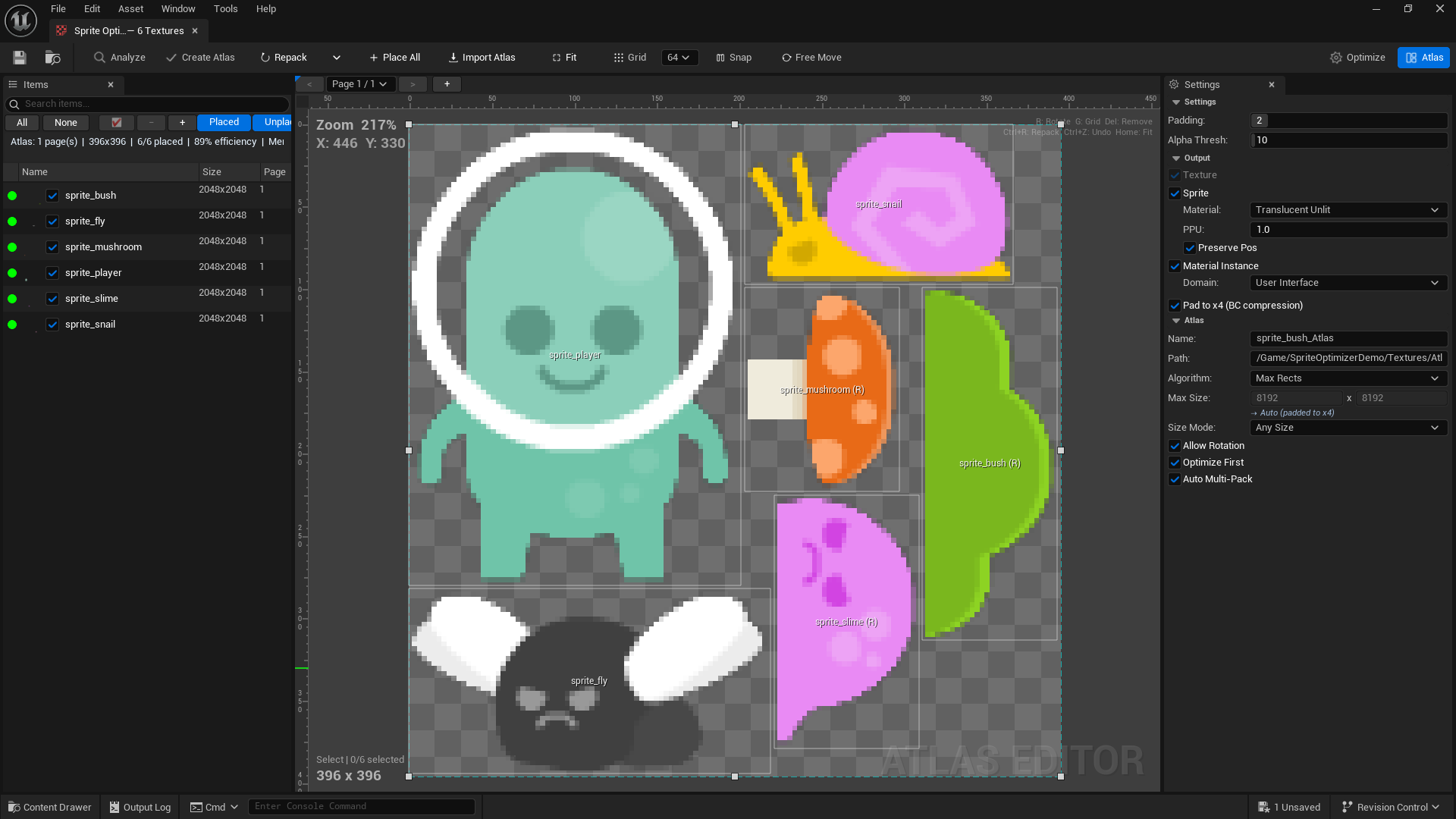 Редактор атласа — Items, Viewport, Settings